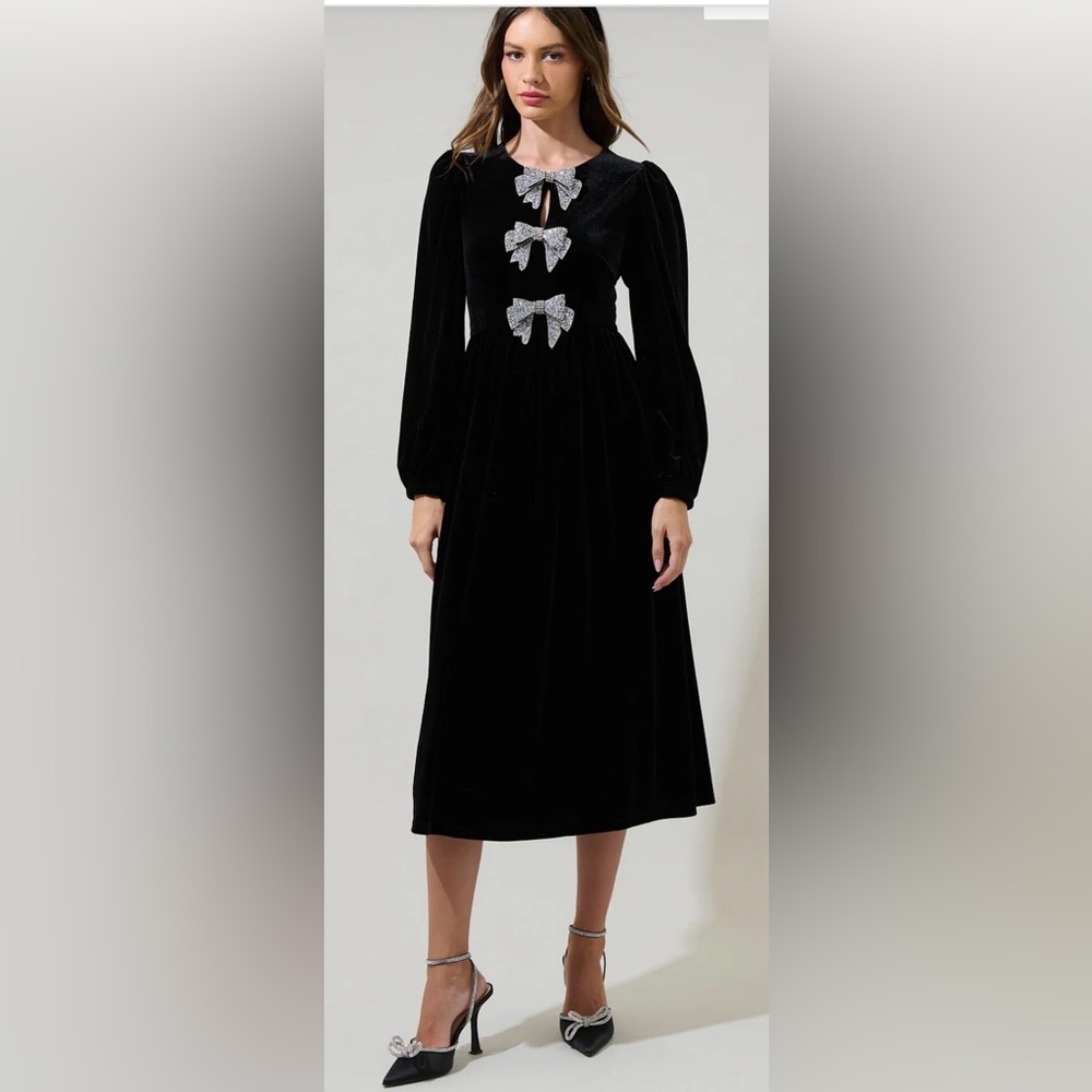 Sugarlips Jena Glow Bow Midi Dress Black Velvet w/ Sparkly Bows Size L NWT
